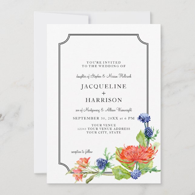 Invitation Aquarelle florale simple Chute Orange Mum Thistère (Devant)