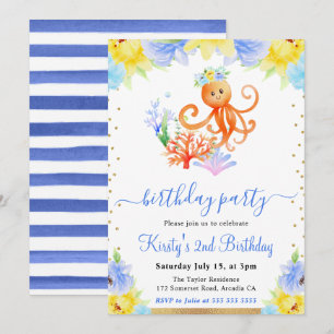 Invitation Aquarelle Florale Sous-Marin Pieuvre Anniversaire