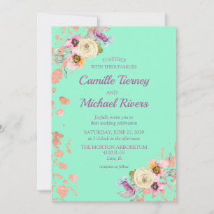 Invitation Aquarelle Florale sur Neo Mint avec or Rose
