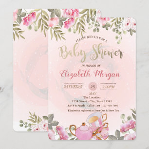 Invitation Aquarelle Florale Teapot Baby shower Macaron