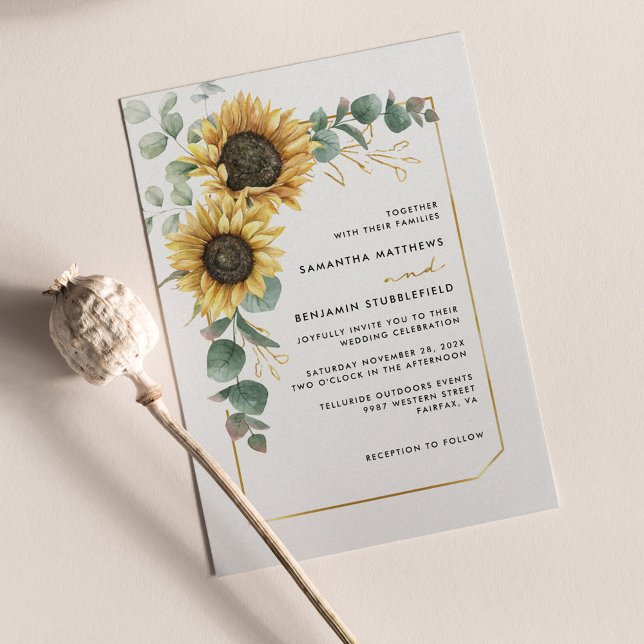 Invitation Aquarelle Florale Tournesol Mariage Eucalyptus (Floral Sunflower Eucalyptus Greenery Wedding Invitation)