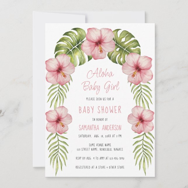 Invitation Aquarelle florale tropicale Aloha Baby Girl Douche (Devant)