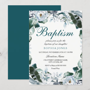 Invitation Aquarelle florale Turquoise vert Baptême Invitatio