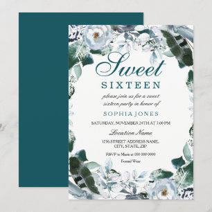 Invitation Aquarelle florale Turquoise Vert doux 16 Invitatio