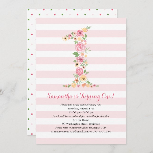 Invitation Aquarelle Florale Un premier anniversaire (Devant / Derrière)