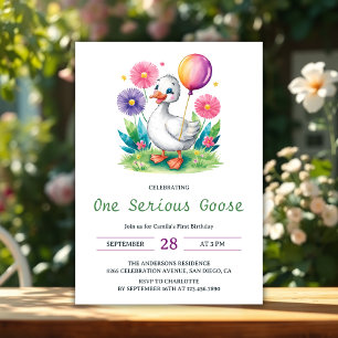 Invitation Aquarelle Florale une oie sérieuse premier anniver