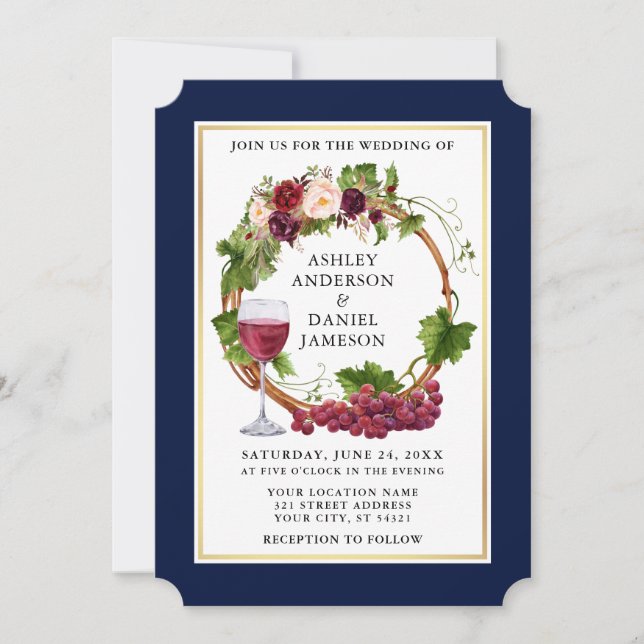 Invitation Aquarelle Florale Vins de raisin Mariage bleu de c (Devant)