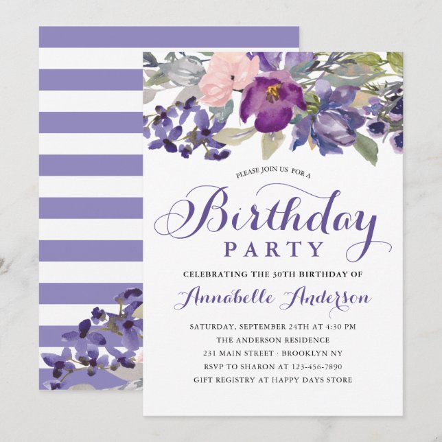 Invitation Aquarelle florale violet fille Script Anniversaire (Devant / Derrière)