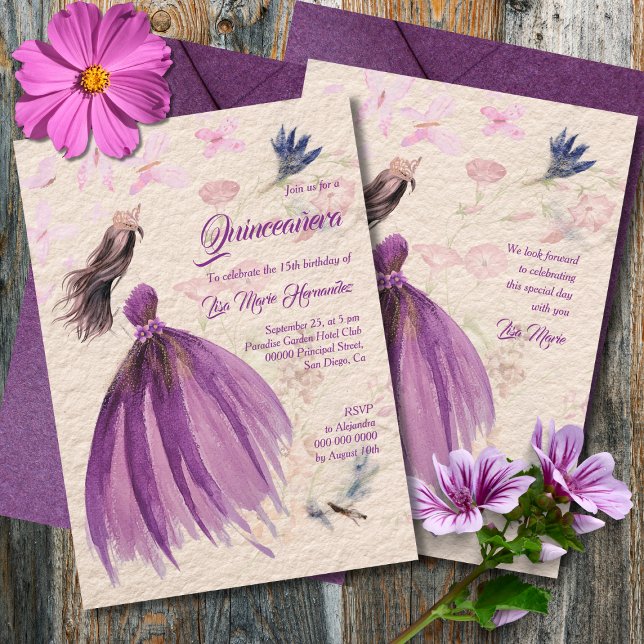 Invitation Aquarelle Florale Violet Tones Quinceañera (Créateur téléchargé)