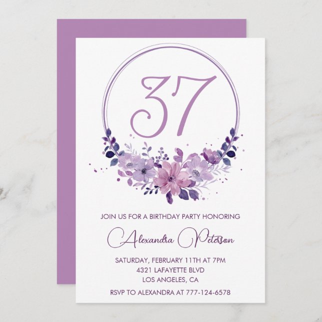 Invitation Aquarelle florale violette Élégante 37e anniversai (Devant / Derrière)