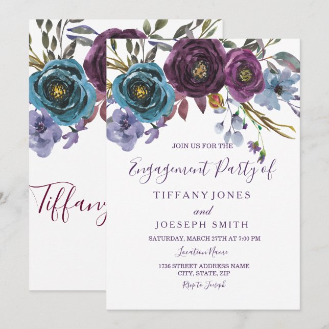 Invitation Aquarelle florale violette Élégante Partie d'engag (Devant / Derrière)