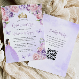 Invitation Aquarelle florale violette QR Code Quinceañera