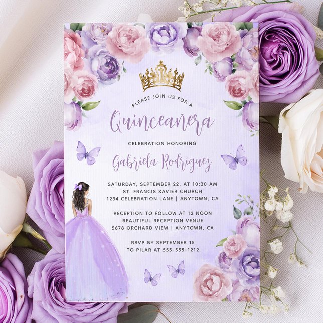 Invitation Aquarelle Florale violette Quinceañera (Créateur téléchargé)