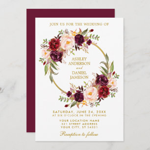 Invitation Aquarelle Florale Wreath Bourgogne Gold Mariage B