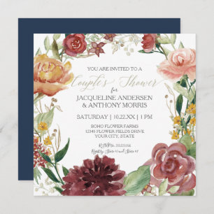 Invitation Aquarelle Florale Wreath Marine Blush Red Flowers