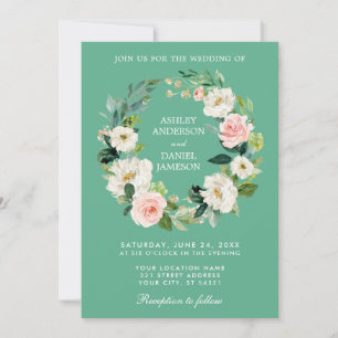 Invitation Aquarelle Florale Wreath rose Blanc Or Neo Mint