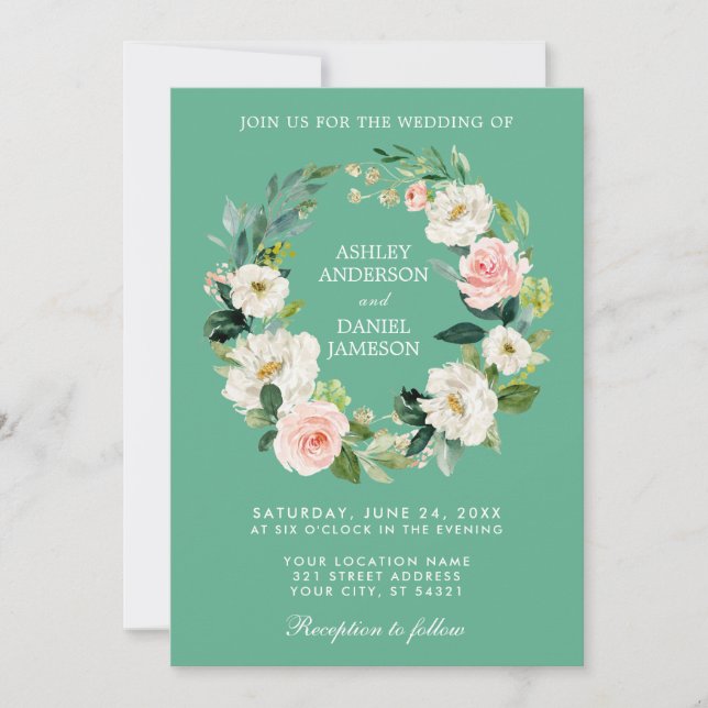 Invitation Aquarelle Florale Wreath rose Blanc Or Neo Mint (Devant)