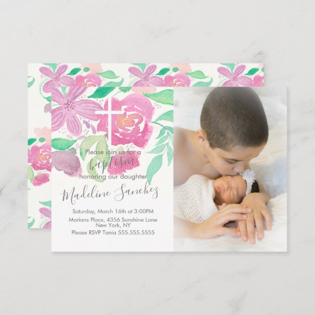 Invitation Aquarelle Florales Baptême rose (Devant / Derrière)