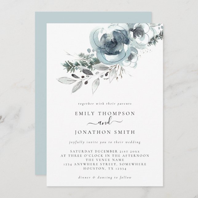 Invitation Aquarelle Florales hiver Mariage de Noël (Devant / Derrière)