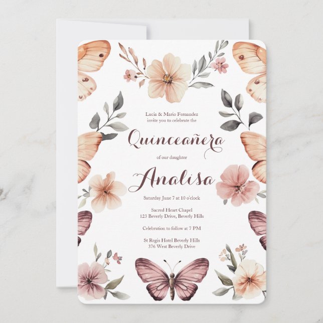 Invitation Aquarelle Florales Papillons Quinceañera CUSTOM (Devant)