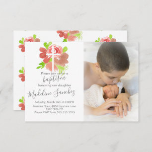 Invitation Aquarelle Florales rose Baptême Baptême Dédication