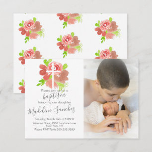 Invitation Aquarelle Florales Rose Fleur Baptême Dédicace  