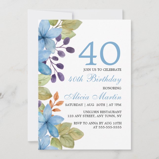 Invitation Aquarelle Flore Bleue N'importe quel âge Invitatio (Devant)