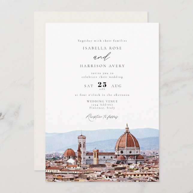 Invitation Aquarelle Florence, Italie Mariage Skyline (Devant / Derrière)