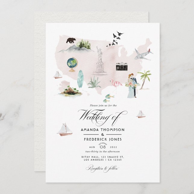 Invitation Aquarelle Floride USA Destination QR Code Mariage (Devant / Derrière)