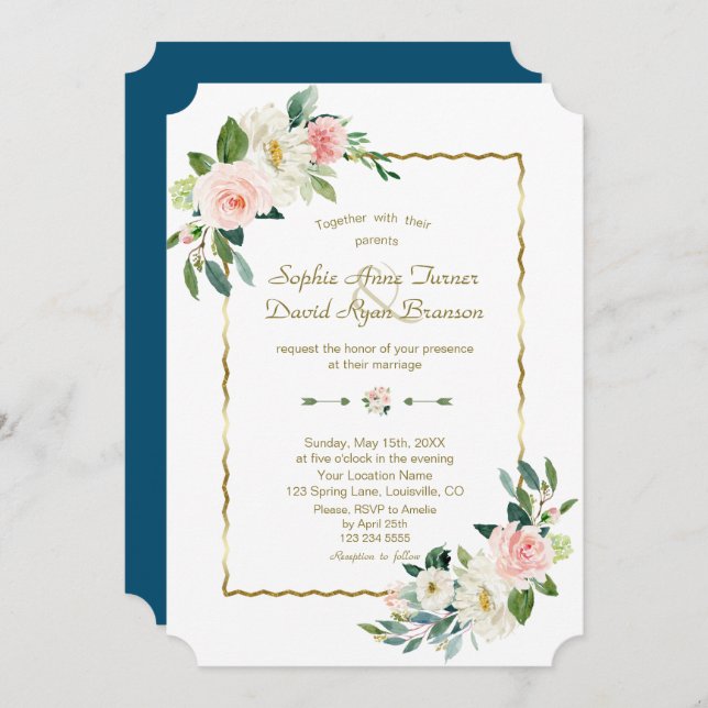 Invitation Aquarelle Flush Flowers Mariage Gold Navy (Devant / Derrière)