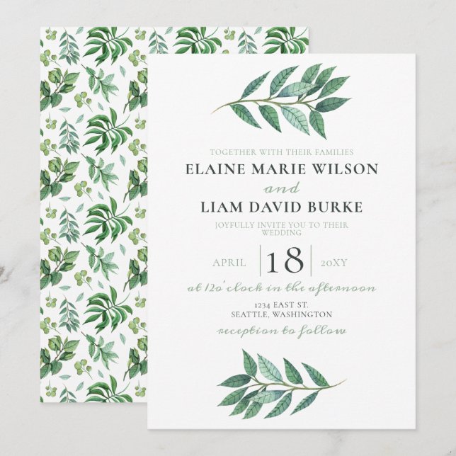 Invitation Aquarelle Foliage Mariage de verdure (Devant / Derrière)