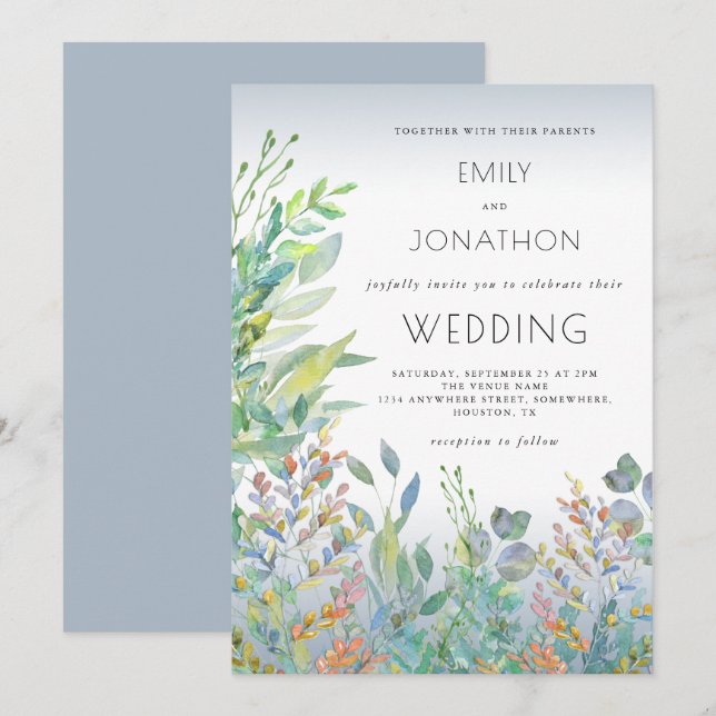 Invitation Aquarelle Folio Verre de mer Mariage bleu foncé (Devant / Derrière)