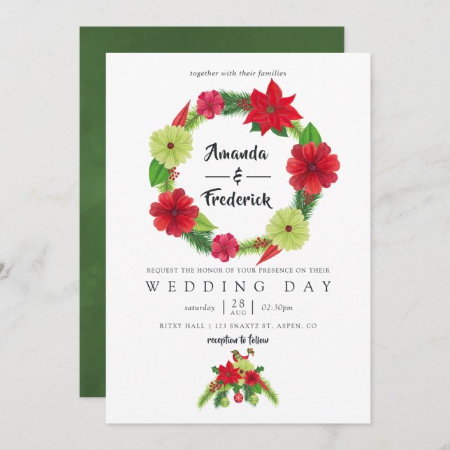 Invitation Aquarelle folklorique Floral Mariage de Noël (Devant / Derrière)