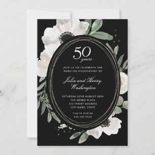 Invitation Aquarelle foncée Cadre or floral 50e anniversaire