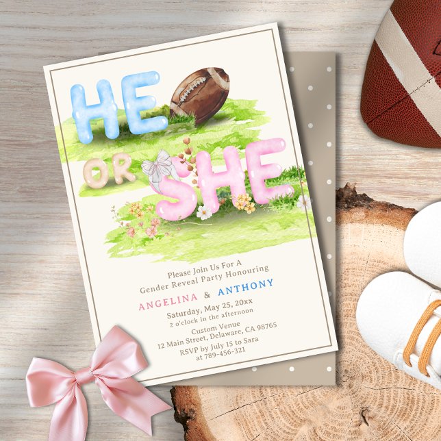 Invitation Aquarelle Football Bow Lui ou Elle Révélation de g (Watercolor Football Bow He or She Gender Reveal Invitation)