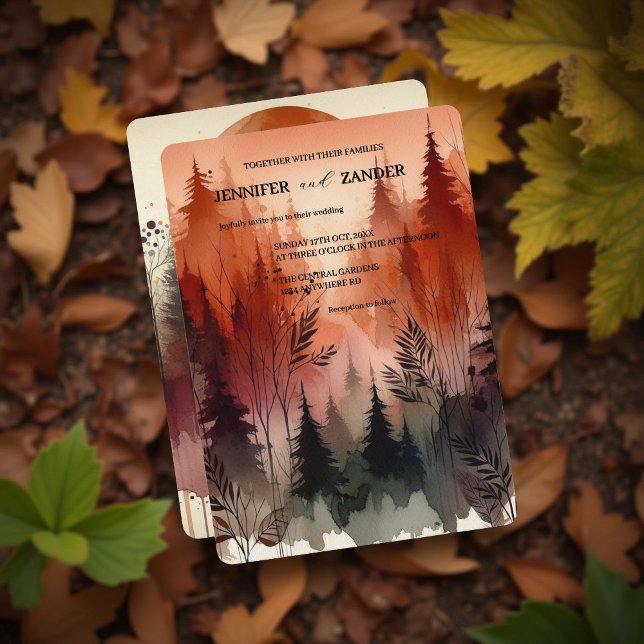 Invitation Aquarelle Forêt Abstraite brûlée Mariage orange (Créateur téléchargé)