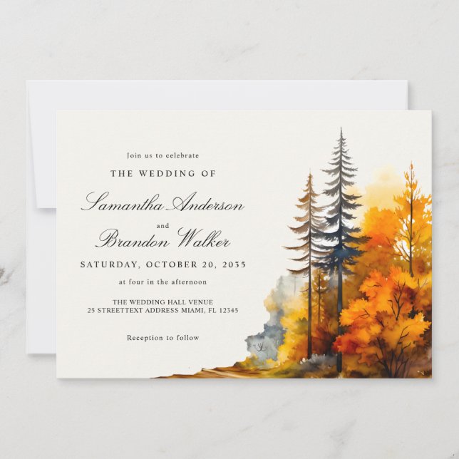 Invitation aquarelle forêt automnale coup de foudr (Devant)