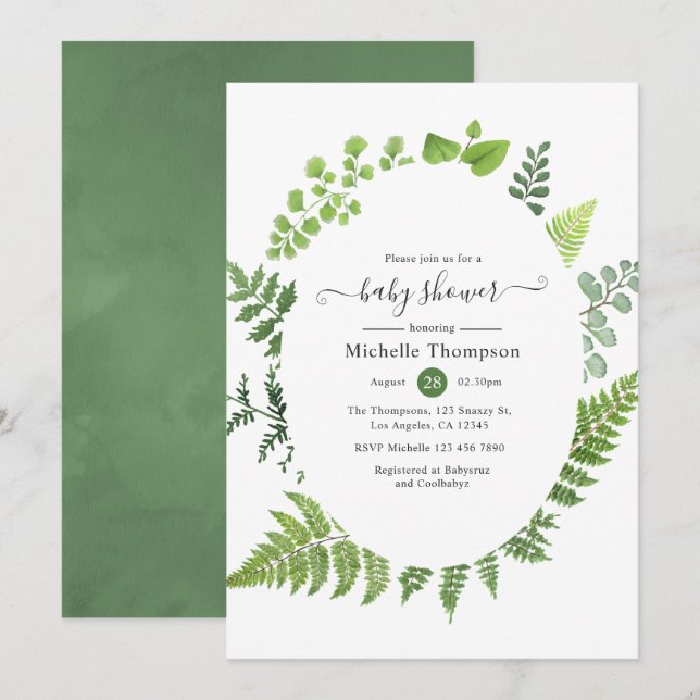 Invitation Aquarelle Forêt forestière Baby shower vert (Devant / Derrière)