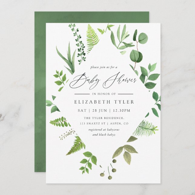 Invitation Aquarelle Forêt forestière Baby shower vert (Devant / Derrière)