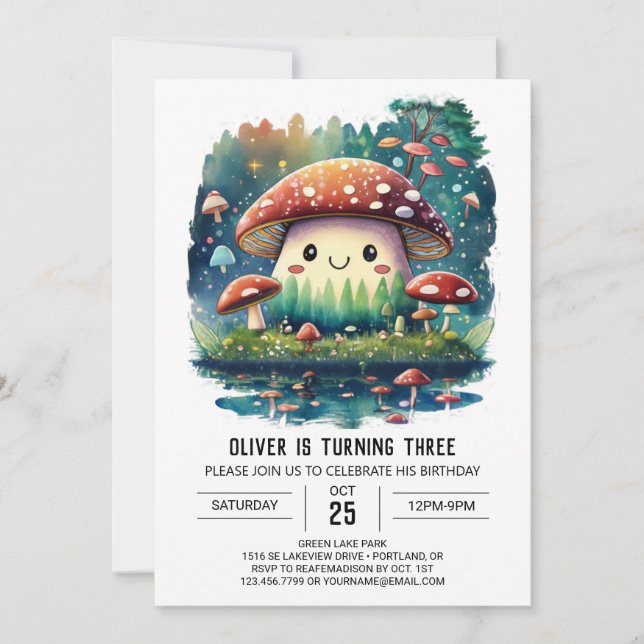 Invitation Aquarelle Forêt Fungi Anniversaire (Devant)