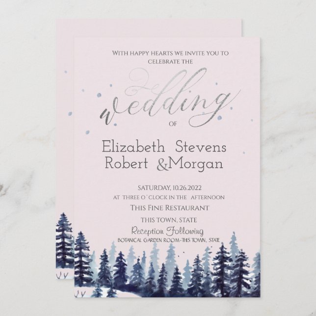 Invitation Aquarelle Forêt Pins Mariage (Devant / Derrière)