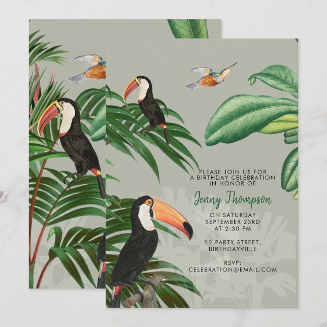 Invitation Aquarelle Forêt tropicale et Oiseaux toucans Anniv (Devant / Derrière)