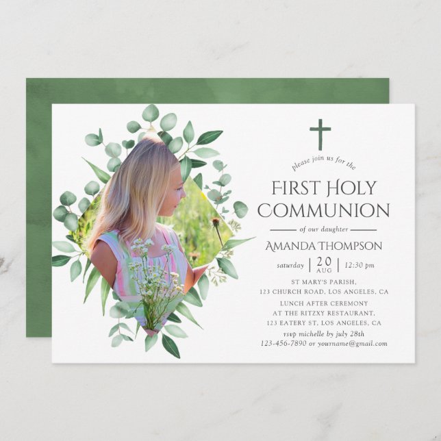 Invitation Aquarelle Forêt Verdure Première Communion sainte (Devant / Derrière)