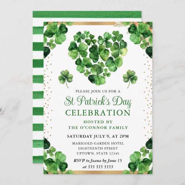 Invitation Aquarelle Four Leaf Clovers St Patrick's Day (Devant / Derrière)