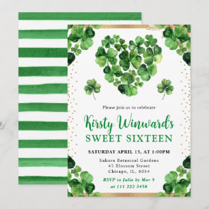 Invitation Aquarelle Four Leaf Clovers St Patrick's Sweet 16