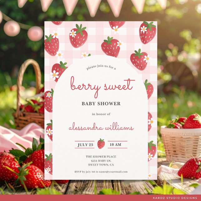 Invitation Aquarelle fraise Berry Sweet Girl Baby shower (Front of card is shown in 5x7 inches, personalize and choose corner and paper style. )