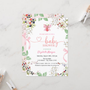 Invitation Aquarelle Fraise Ruban Framboise Baby Shower