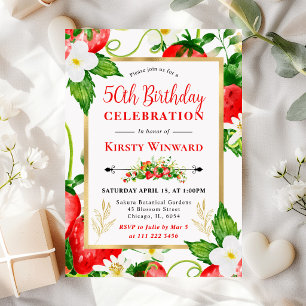 Invitation Aquarelle Fraises et Fleurs 50e Anniversaire