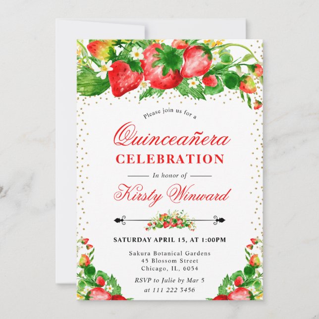 Invitation Aquarelle Fraises et Fleurs Quinceanera (Devant)