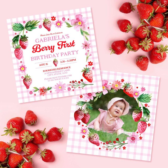 Invitation Aquarelle Fraises Fille 1er anniversaire Photo (Watercolor Strawberries Girl 1st Birthday Photo Invitation)